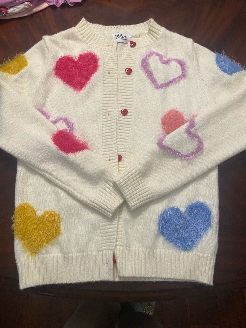 Lola + the Boys White Fuzzy Hearts Cardigan